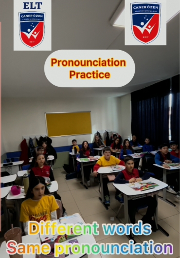 Our students in class 5A practiced pronounciation by different words which have same pronounciation but different spellings and meanings, or words with same rhythm. Good Job